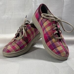 Dansko Womens 39 Pink Plaid Fabric Lace Up Walking Shoes Sneakers Arch Support